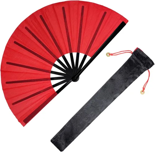Miniatura 20 de Nydotd Paquete de 1 abanico grande de mano plegables de nailon plegable con funda de soporte para hombres y mujeres, línea de actuación, danza, kung