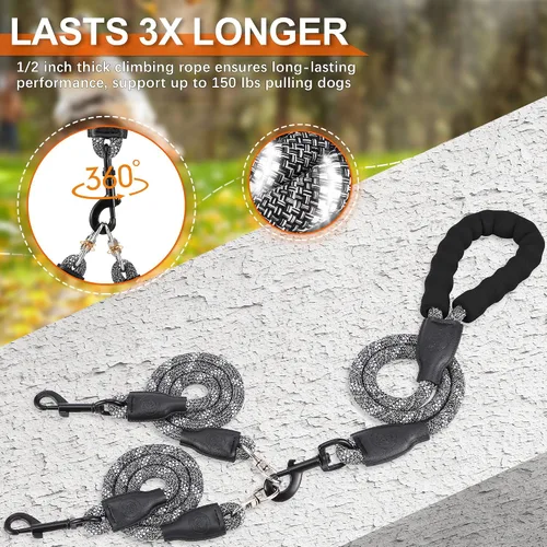 Miniatura 2 de Correa doble para perro para dos perros, desmontable giratoria de 360°, correa sin enredos con tiras reflectantes para caminar y entrenar perros