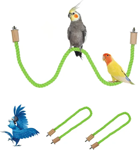 Miniatura 8 de Paquete de 2 perchas y columpios de cuerda para pájaros, jaula de pájaros, accesorios de poste de escalada, juguete de escalada para loros, Azul