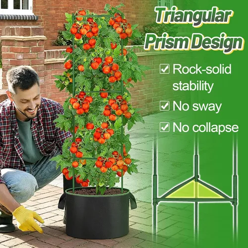 Miniatura 2 de ANPHSIN Jaula de tomate triangular resistente con bolsas de cultivo móviles de 7 galones, 3 juegos de macetas de enrejado de jardín de 47 pulgadas