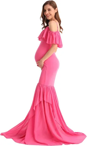 Miniatura 10 de MYRISAM Vestido de maternidad con volantes y hombros descubiertos para mujer, vestido de fiesta de sirena de gasa, vestido ajustado