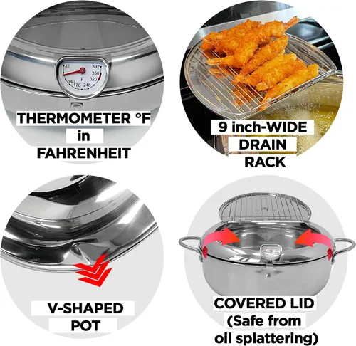 Miniatura 3 de Saltlas Olla Freidora Profunda (°F), 11"/4.4Qt (4.2 L) Olla de Freír Tempura Extra Grande con Tapa, Olla de Freír de Acero Inoxidable 304