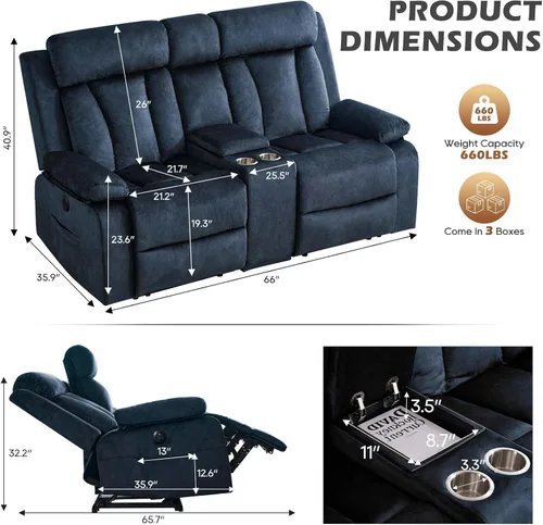 Miniatura 2 de Sofá biplaza reclinable eléctrico con consola, sofá reclinable eléctrico con calor y masaje, sofá biplaza reclinable de pared con puertos dobles