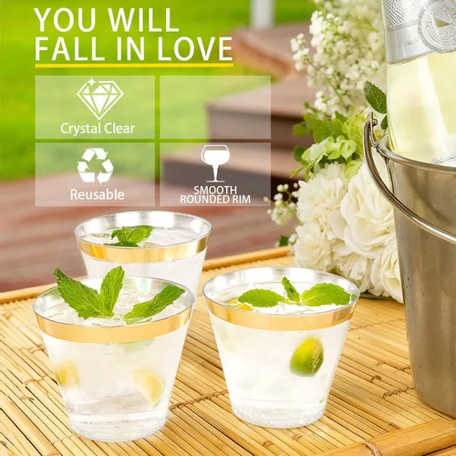 Miniatura 6 de Ciaell 200 vasos de plástico dorados – Vasos de plástico transparente desechables resistentes de 9 onzas con borde dorado para vino, cóctel, fiesta