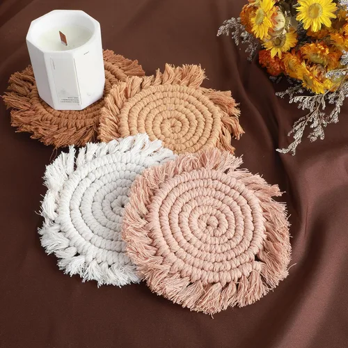 Miniatura 5 de 4 posavasos de macramé bohemios, hechos a mano con bordes de borlas, para café, hogar, cocina, oficina, decoración de mesa