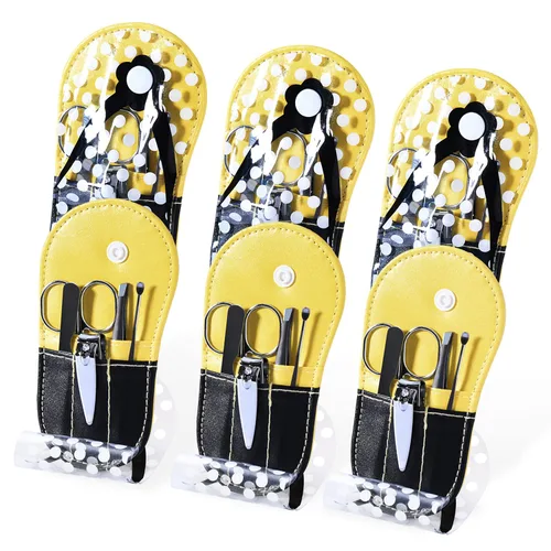 Juego de manicura con diseño de lunares y chanclas, kit de manicura con forma de cuidado personal, paquete de 6 unidades, color amarillo