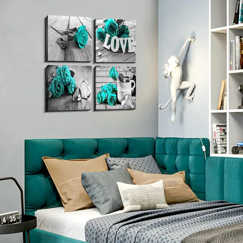 Miniatura 6 de Arte de pared de flores de rosa turquesa y verde azulado para el baño, decoración de pared floral turquesa, señal de amor en blanco y negro, Rosa