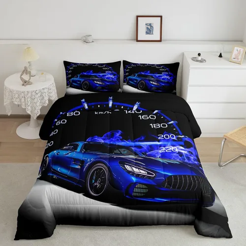 Miniatura 13 de Feelyou Juego de edredón azul de carreras para niños, juego de ropa de cama de coche deportivo para niños y niños, edredón deportivo geométrico a