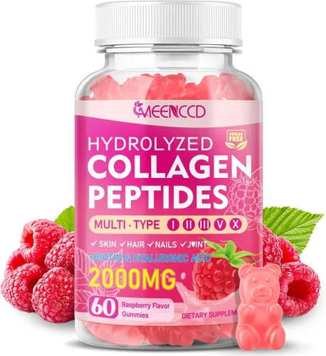 MEENCCD Gomitas de péptidos de colágeno hidrolizados para mujeres y hombres, multicolágeno tipo I, II, III, V, X con biotina, ácido hialurónico,