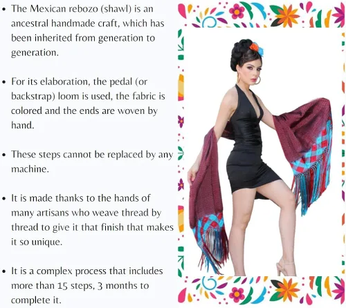 Miniatura 3 de Chal mexicano Benjko, rebozo reboso para eventos mexicanos, Multicolor