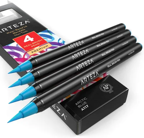 Miniatura 40 de Arteza Bolígrafos de pincel real, A174 gris delfín, paquete de 4, bolígrafos de acuarela con puntas de pincel de nailon, suministros de arte