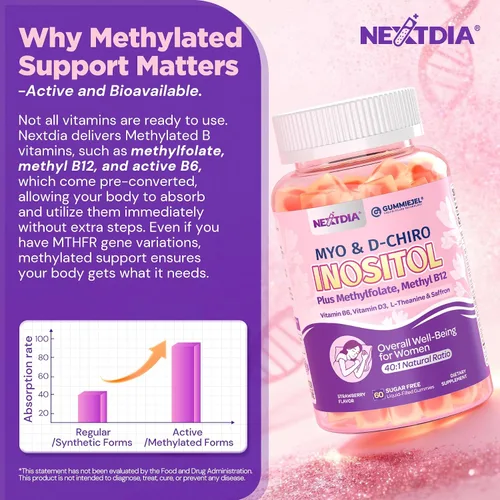 Miniatura 4 de Gomitas para dormir para mujer con mio-inositol y D-chiro inositol + azafrán, folato MTHF, vitamina B6 y B12, proporción 40:1 Myo Inositol