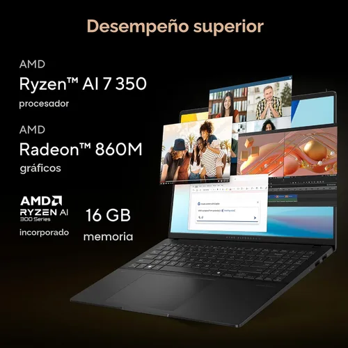 Miniatura 4 de ASUS Vivobook S16 Laptop, PC Copilot+, AMD Ryzen AI 7 350 con XDNA NPU, 16GB de memoria, SSD de 1TB, Negro Neutral, M5606KA-DS76