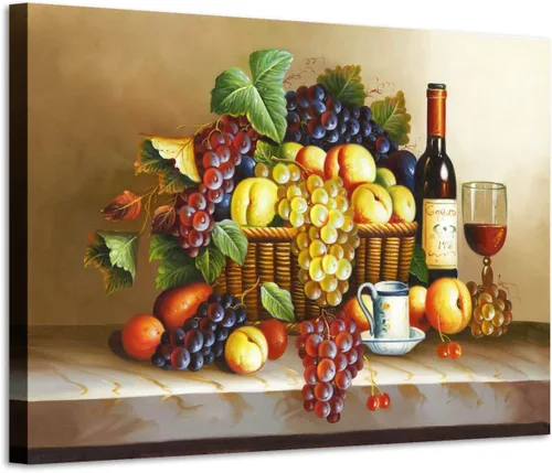 Miniatura 8 de ARTISTIC PATH Arte de Pared en Lienzo de Comida Retro - Cuadro Vintage de Frutas Burdeos Colorido Melocotón Uva Pintura Antigua Impresiones de Arte