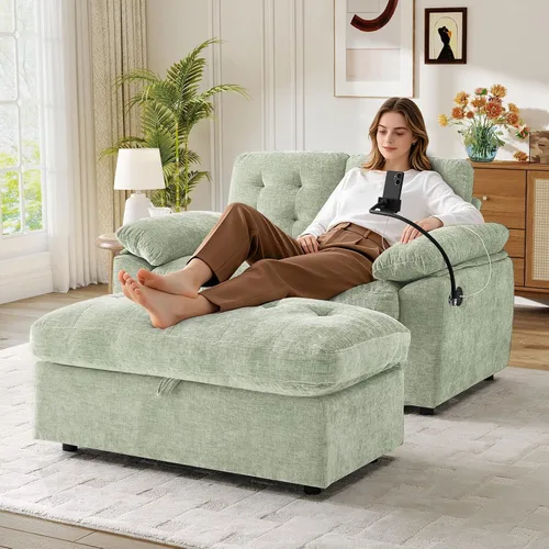 Miniatura 20 de Chaise Lounge Chair para interiores con puerto USB y soporte para teléfono, sillón reclinable pequeño de felpilla con otomana de almacenamiento