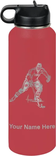 Miniatura 10 de LaserGram Botella de agua personalizada, jugador de hockey, acero inoxidable de doble pared aislada al vacío con popote superior, regalo grabado