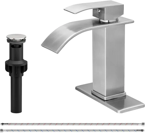 Miniatura 8 de Grifo de fregadero de recipiente con cascada, grifo de baño mate negro de acero inoxidable, alto, de una sola manija, un agujero, montaje
