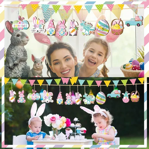 Miniatura 4 de Chunful 30 adornos de Pascua para árbol, feliz Pascua, adornos colgantes de madera, huevos de primavera pastel, zanahoria, conejo, cesta de árbol