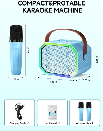 Miniatura 2 de Máquina de karaoke para niños y adultos, mini altavoz Bluetooth portátil con 2 micrófonos inalámbricos, luces LED para TV, regalos para niñas y Azul