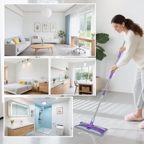 Miniatura 7 de Trapeadores de microfibra para limpieza de suelos, trapeador plano en seco y húmedo con mango telescópico de acero inoxidable, 4 almohadillas Morado