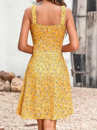 Miniatura 5 de HUHOT Vestido de verano con cuello cuadrado para mujer, con bolsillo, lindo, sin mangas, cintura alta, acampanado, vestido midi