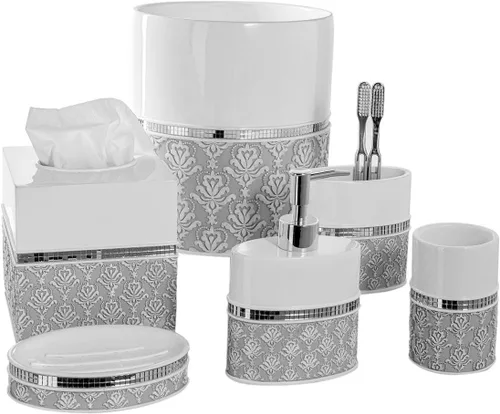 Miniatura 14 de Creative Scents Juego completo de accesorios de baño de damasco de espejo, juego de baño decorativo de 4 piezas blanco y gris incluye: dispensador