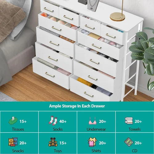 Miniatura 5 de VASICAR Cómoda con 12 cajones profundos para dormitorio, cómoda alta de tela, gabinete de almacenamiento para armario, guardería, mesita de noche