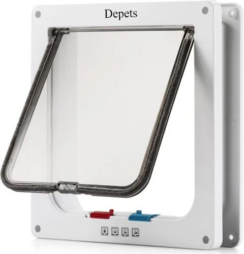 Depets Puerta grande para gatos (tamaño exterior 9.9 x 9.2 pulgadas), puerta de solapa para gatos con bloqueo de 4 vías para puertas interiores y