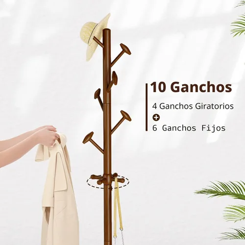 Miniatura 2 de Taitiy Perchero de madera maciza independiente con 10 ganchos para dormitorio, sala de estar, entrada, soporte resistente para colgar abrigos