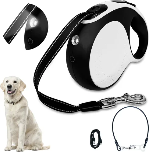 Miniatura 10 de Correa retráctil para perro con cable a prueba de mordeduras y linterna LED, correa resistente de 16 pies, adecuada para perros pequeños/medianos