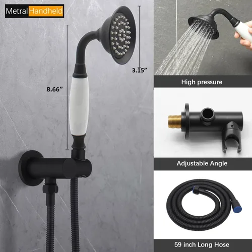 Miniatura 4 de Sistema de ducha antiguo con chorros de cuerpo, cabezal de lluvia montado en la pared de 9 pulgadas y rociador de mano de cerámica de latón vintage
