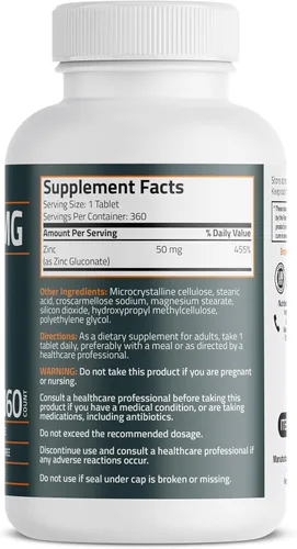 Miniatura 2 de Bronson Zinc de 50 mg de alta potencia apoya la salud inmunológica, antioxidante y de la piel, sin OMG, 360 tabletas vegetarianas