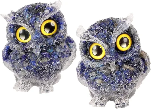 Miniatura 19 de TUMBEELLUWA Juego de 2 mini adornos de figura de búho de cristal de amatista, estatuas decorativas de búho de resina para mesa de oficina en casa