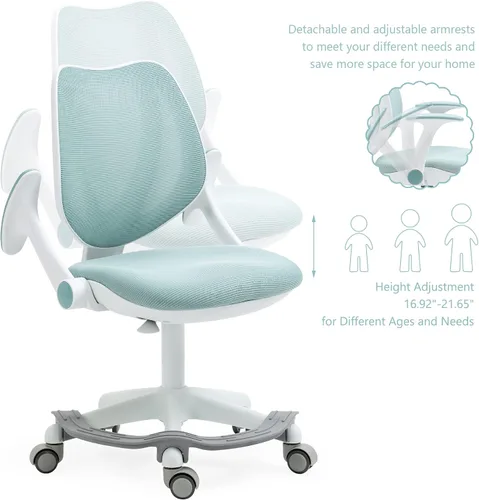 Miniatura 4 de Linda silla de escritorio para niños, silla de computadora azul con reposabrazos ajustables y reposapiés, sillas giratorias para estudio, lectura