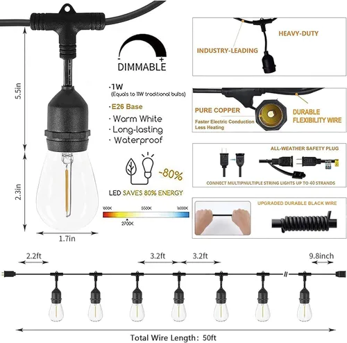 Miniatura 7 de Svater Tira de luces para exteriores de 150 pies, enchufe E26, 48 bombillas S14 Shatterpoof, 1 vatio, regulable, 2700 K, blanco cálido, IP65