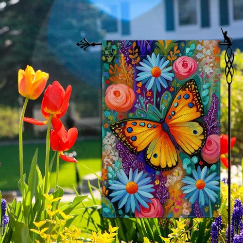 Miniatura 4 de Bandera de jardín de mariposa para primavera y verano, floral, bandera de jardín, vertical, de doble cara, rústica, arpillera, patio, césped