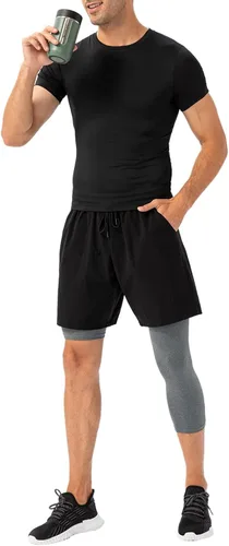 Miniatura 31 de Pantalones de compresión de 3/4 de una pierna para hombre, mallas de baloncesto atléticas para correr, leggings deportivos de capa base capri