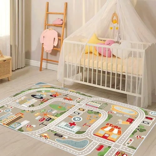 Alfombra de juegos para niños, alfombra de juego para autos de juguete y trenes, alfombra de área de juegos con respaldo de goma, alfombra