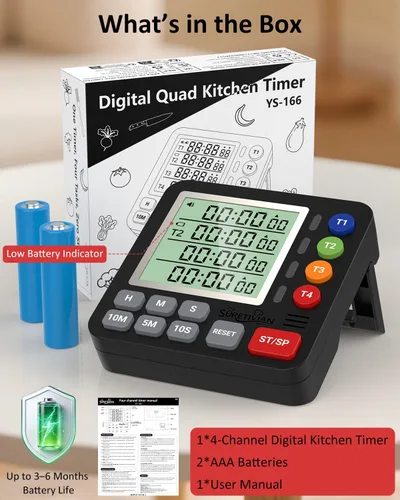 Miniatura 8 de Temporizador digital de cocina para cocinar, temporizador de cuenta regresiva de 4 canales con alarma fuerte y modo silencioso, pantalla grande