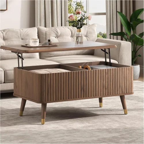 Miniatura 24 de Mesa de centro elevable con almacenamiento, mesa de centro moderna de mediados de siglo con patas de madera maciza, mesa central minimalista Roble