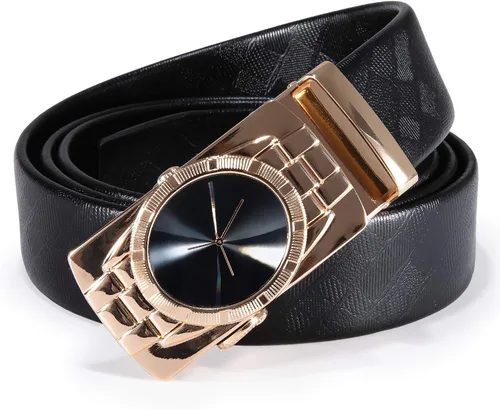 Miniatura 4 de Barry.Wang Cinturón de trinquete para hombre con hebilla automática sólida, correa de cuero genuino de 1.378in de ancho ajustable