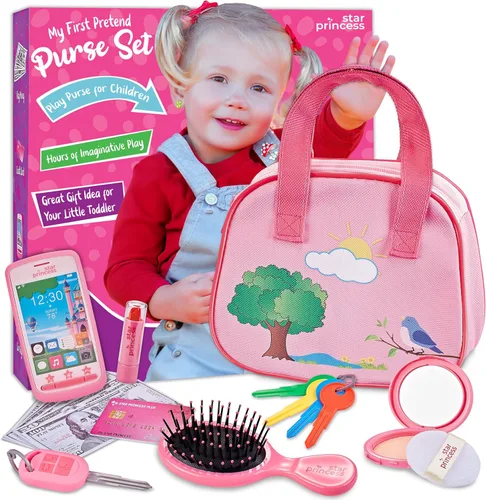 Miniatura 5 de Bolso de Juego para Niños Pequeños con Accesorios, Juguetes para Niñas con Maquillaje de Juguete, Llaves, Teléfono Inteligente, Bolso de Juguete