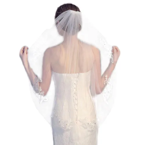 Kercisbeauty Bordado de encaje nupcial hueco flor blanco y marfil velo gota boda con peine de pelo cuentas de cristal ancho velo capilla velo de una