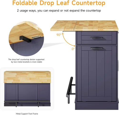 Miniatura 4 de ONBRILL Islas de Cocina Estacionarias Incluyen 2 Sillas, Isla de Cocina de 47" con Hoja Abatible, Mesa de Bar para el Hogar con Estante de Especias
