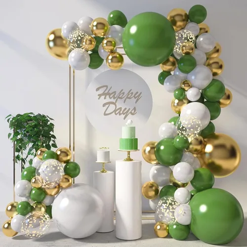 LovesTown 150 globos de color verde salvia y oro blanco de diferentes tamaños de 18, 12, 10 y 5 pulgadas, globos de confeti dorado con cintas para