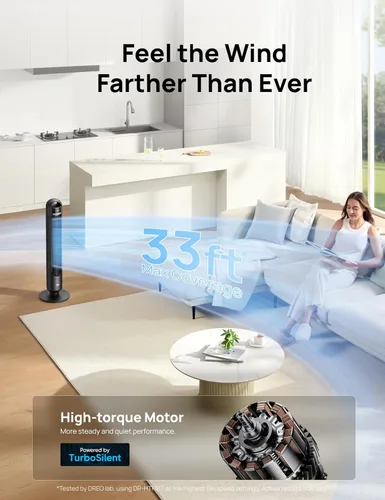 Miniatura 3 de Dreo - Ventilador de torre para dormitorio, ventiladores de pie oscilantes de 90° para habitación con 4 velocidades, 3 modos, silencioso de 28dB