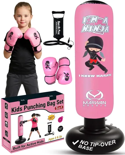 Miniatura 11 de Marwan Sports Ninja Inflatable Punching Bag for Kids 4-12, Indoor Active Play for Sensory Seekers & High-Energy Kids, 63" 5-in-1: Gloves, Manual