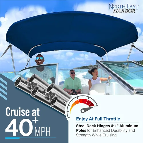 Miniatura 4 de Bimini Tops de 3 lazos para barcos, a prueba de decoloración, postes de soporte, funda de almacenamiento, lona marina 900D, toldo para barco, Azul