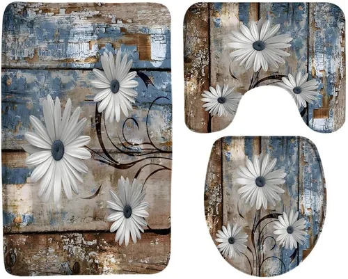 Juego de 3 alfombras de baño florales de granja, con citas inspiradoras de margaritas color verde azulado, mariposa, madera rústica, turquesa, azul,