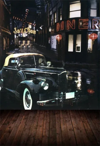 Miniatura 6 de AOFOTO Fondo de esquina de calle vintage de 5 x 7 pies, telón de fondo retro para fotografía de automóvil, nostalgia, edificios urbanos, niños